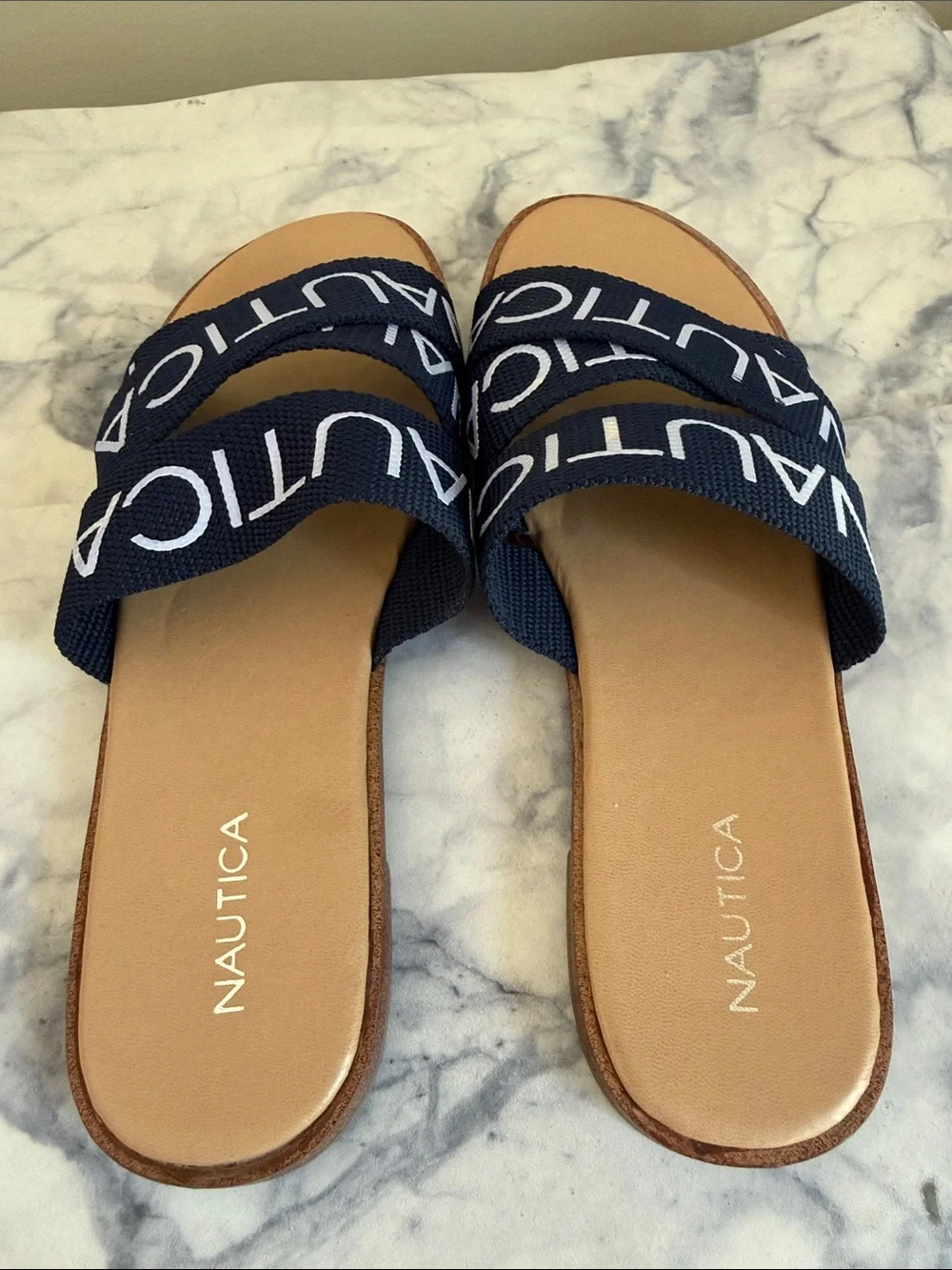 Nautica Navy and Tan Crossband Slide Sandals